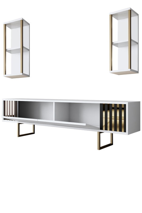 Hanah Home Gold Line Mueble de TV Blanco y Negro con Patas Metálicas